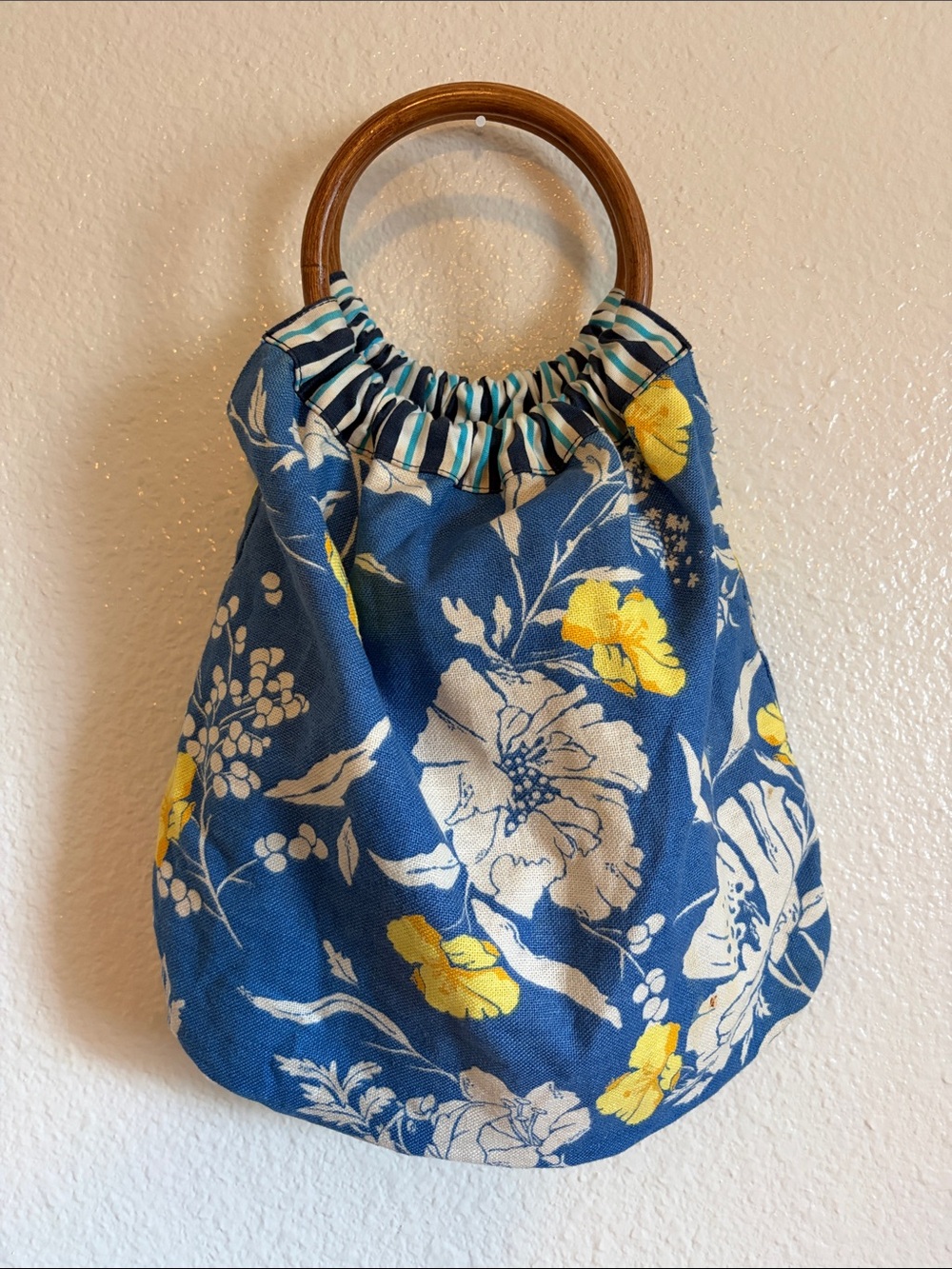 Reversible Tote Purse Stripe and Floral Bamboo Handle